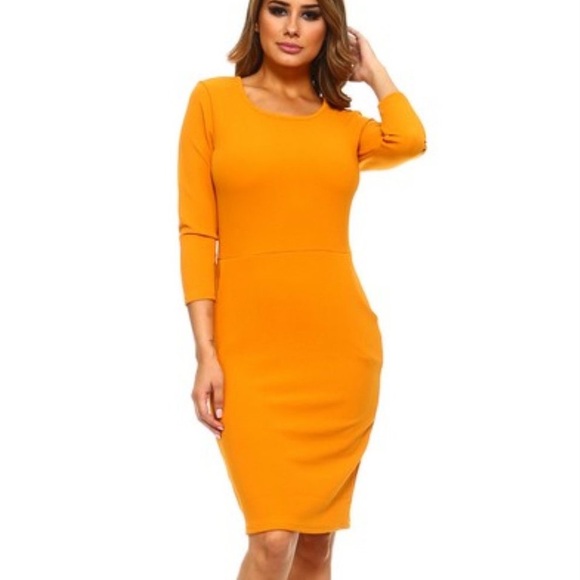 Orange Sheath Dress with Cuffed Long Sleeves and Scoop Neck - Picture 1 of 5